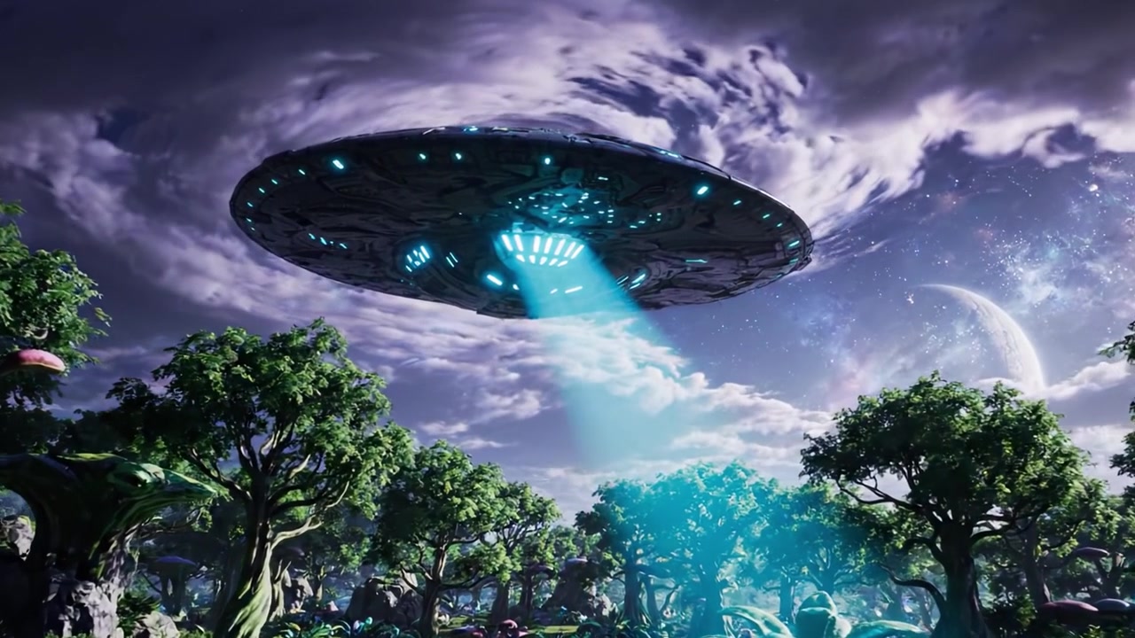 Mysterious UFO Descends Over Lush Alien Landscape, Illuminating the Surreal Flora Below with Pulsating Light and Enigmatic Energy as Cosmic Wonders Surround.