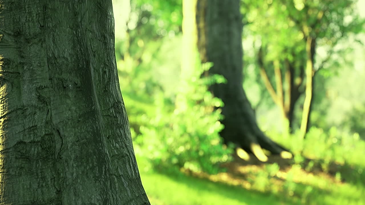 Lush green landscape with sunlight filtering through leafy trees