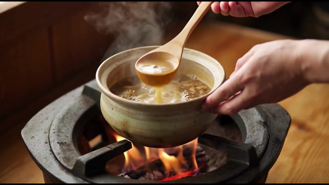 直火で伝統的な土鍋の熱いスープをかき混ぜる人