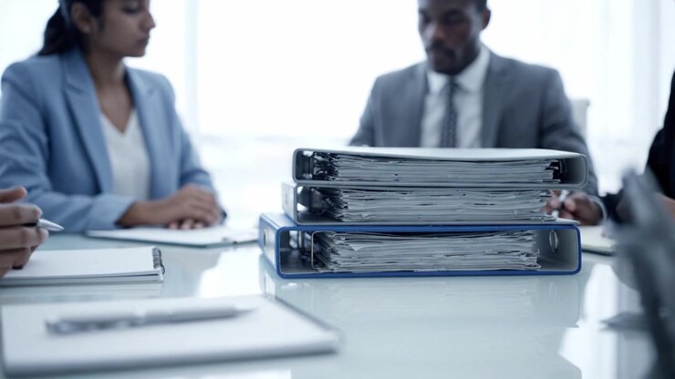 Engaged Team Meeting: Professionals Discuss Strategies and Projects with Documents in a Modern Office Environment, Highlighting Collaboration and Leadership Skills