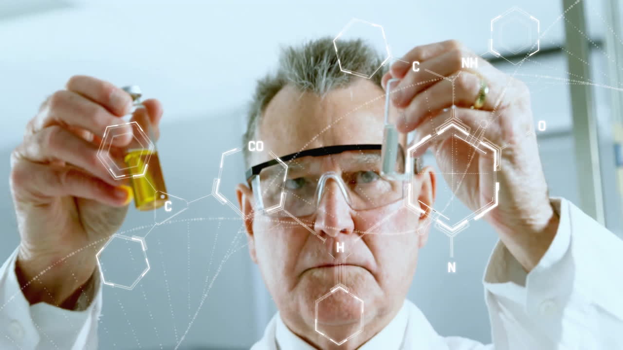 실험실에서 남성 백인 과학자에 대한 과학 데이터 처리의 애니메이션