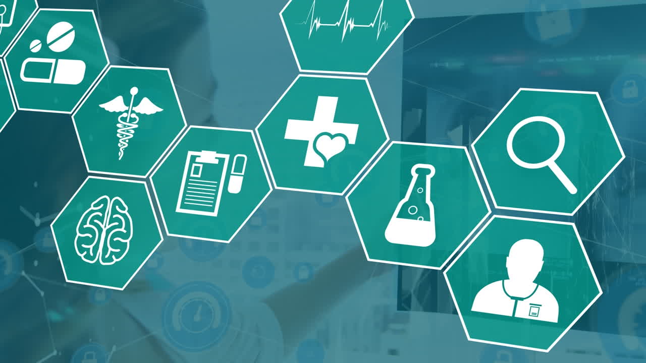 백인 여성 의사 위에 의료 아이콘의 애니메이션