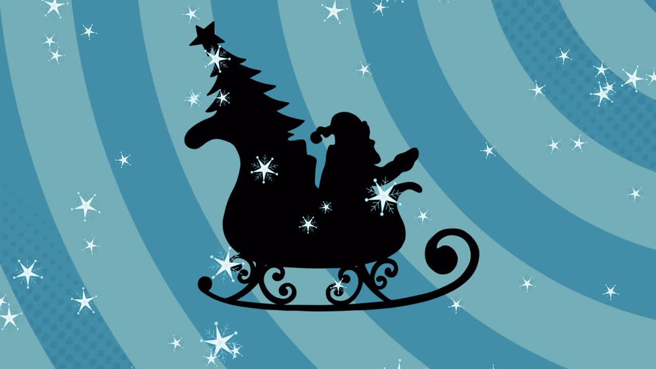 animación digital de múltiples estrellas sobre silueta negra de papá noel y árbol de navidad