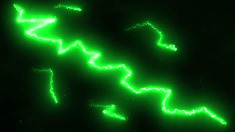 green lightning bolts electrical current moving wildly across a black background with moving particl