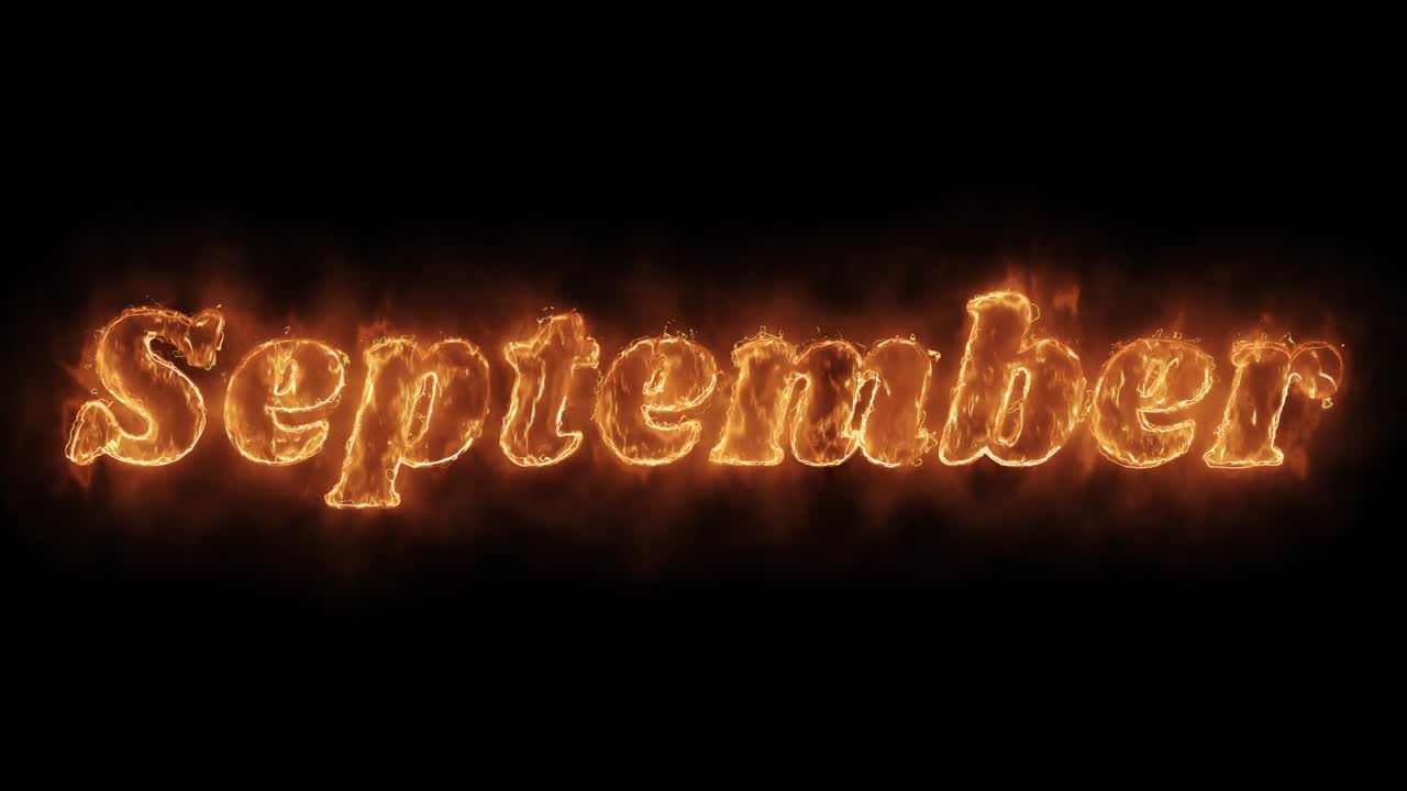 Parola Settembre con animazione realistica di fuoco, fiamma e fumo ardenti in loop continuo.