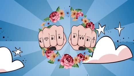 animation of text girls power on female fists, over night sky and flowers