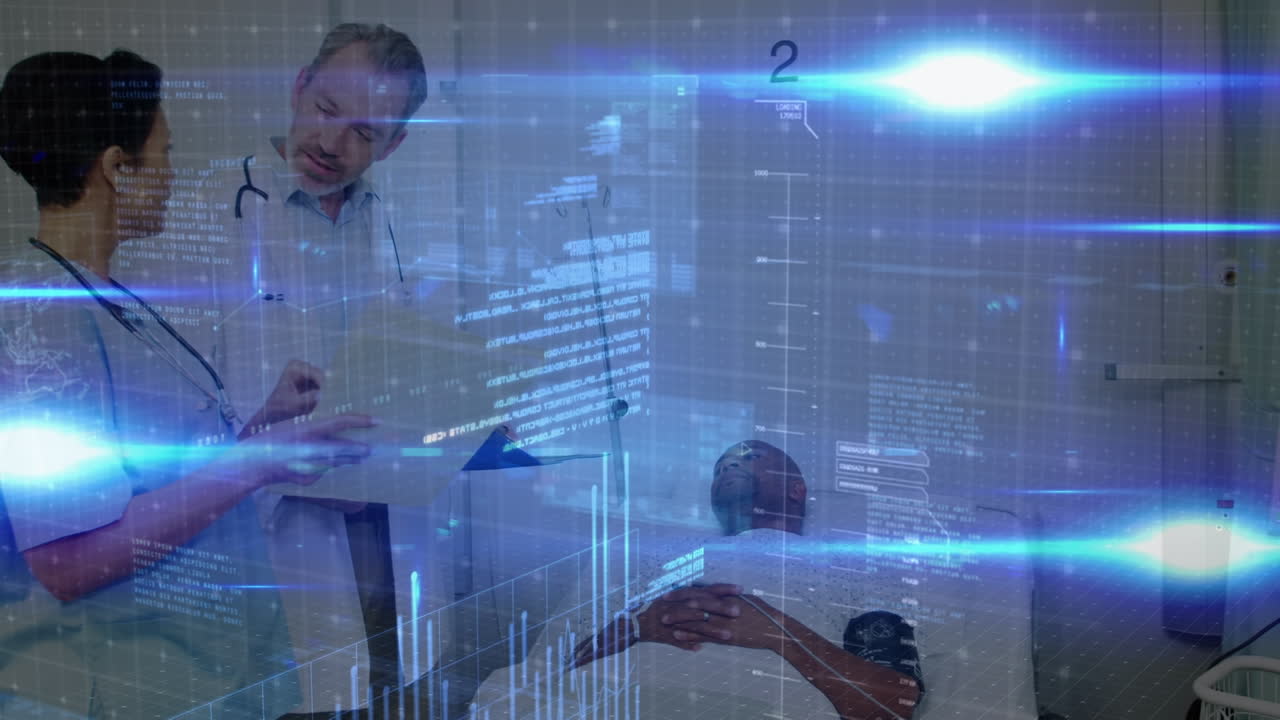 Data processing over caucasian male doctor and female health worker discussing reports at hospital