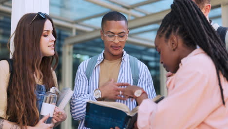 university people, book and group talking