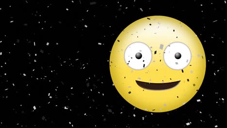 Animation-of-confetti-falling-over-emoji-winking-and-sticking-tongue-out-on-black-background