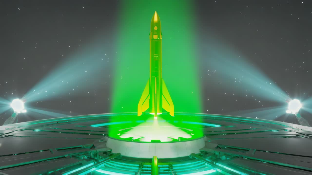 A futuristic rocket launches from a UFO platform