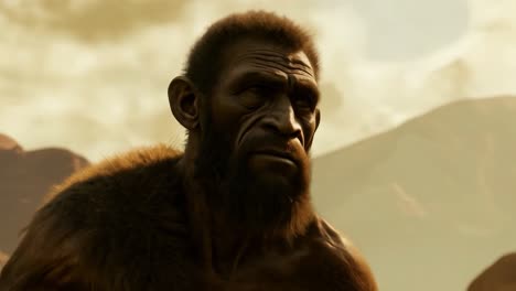 hombre neandertal con barba examina un paisaje desértico seco y caliente bajo un cielo lleno de nubes