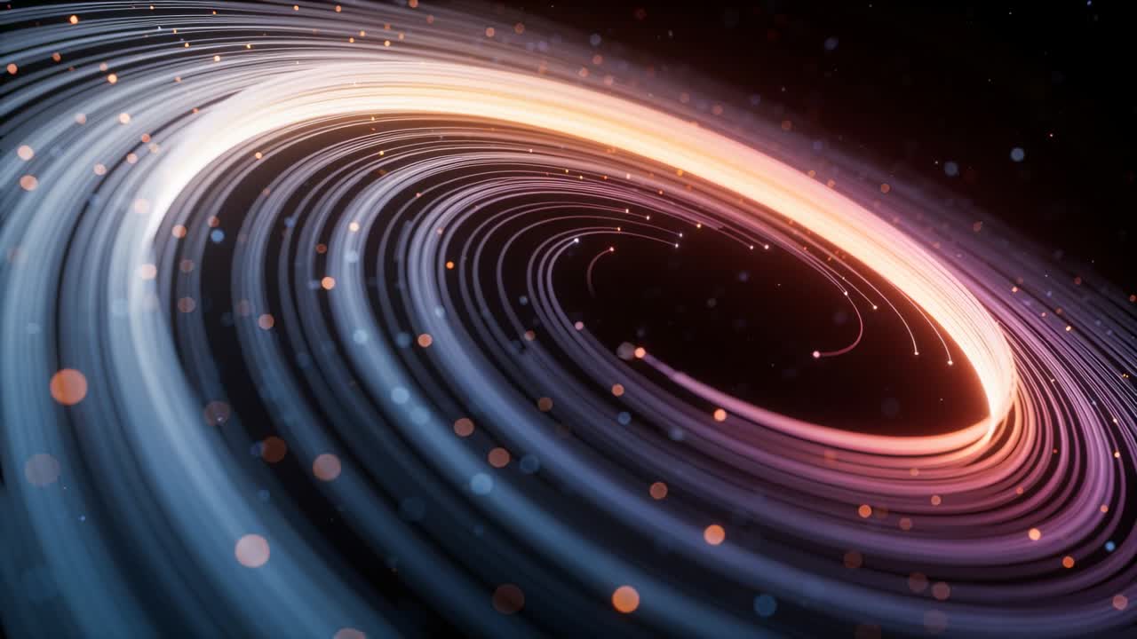 Rotating lit ring closing, inner orange band glowing as camera nearing in void, dots moving inward