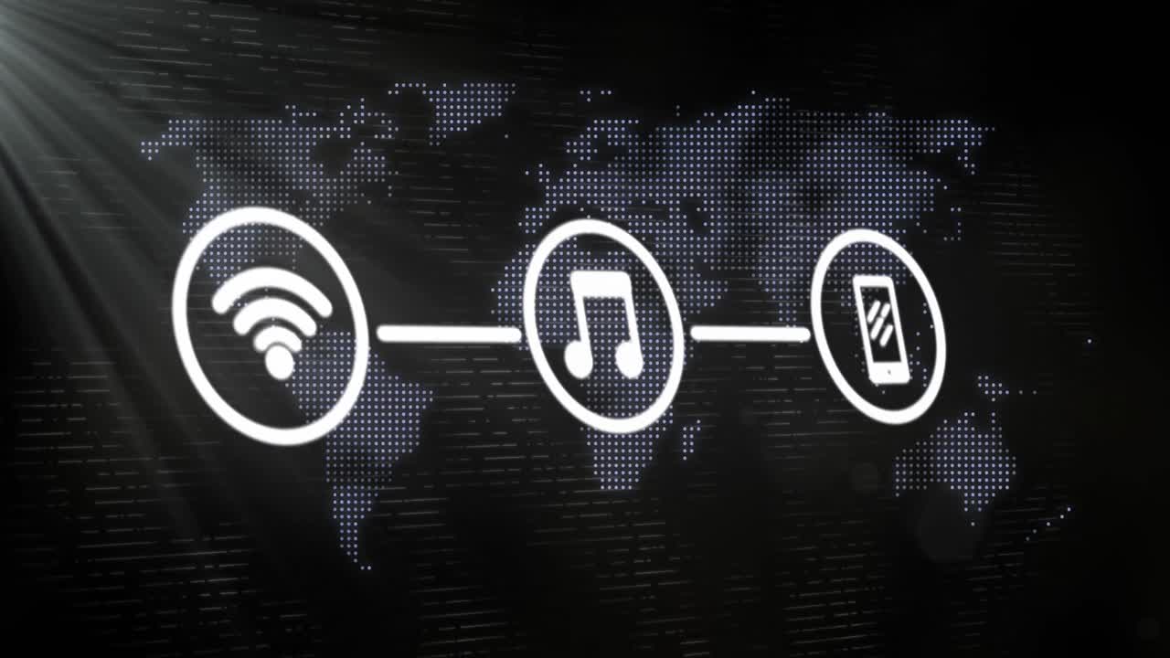 검은 바탕에 지도와 렌즈 플레어를 형성하는 점 위에 연결된 아이콘의 애니메이션
