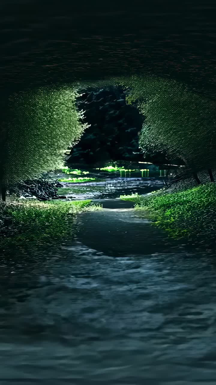 Vertical video: Advancing camera moving along damp trail toward pond, revealing glowing green algae
