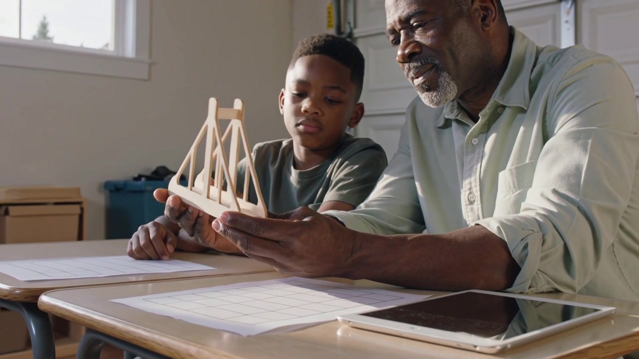 Picking up adult in green shirt guiding child examining bridge model at desk, teaching structure