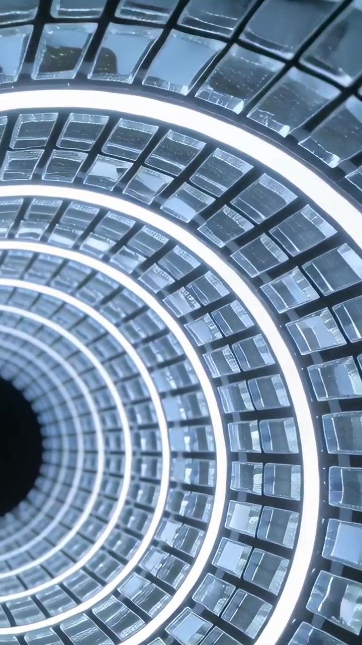 Video verticale: Panoramica della telecamera che mostra anelli LED che si muovono verso un vuoto scuro in un apparecchio con piastrelle a specchio