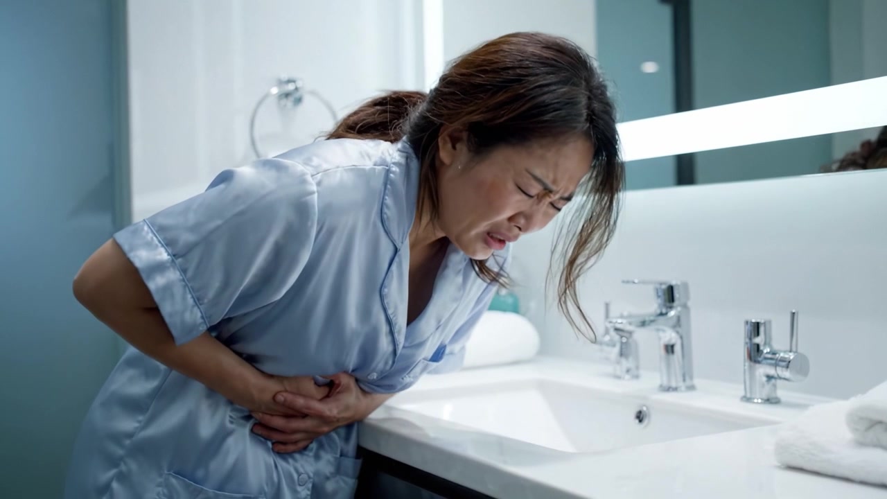 A woman in distress experiences significant abdominal pain while standing in a bathroom, showcasing her struggle and discomfort in a personal moment of suffering.