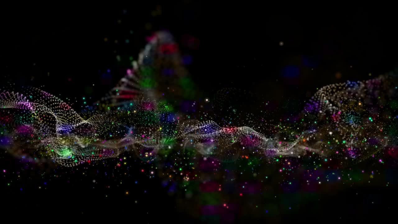 Animazione futuristica con oggetto a onda colorato e particelle glitterate al rallentatore, loop 4K 4096x2304.