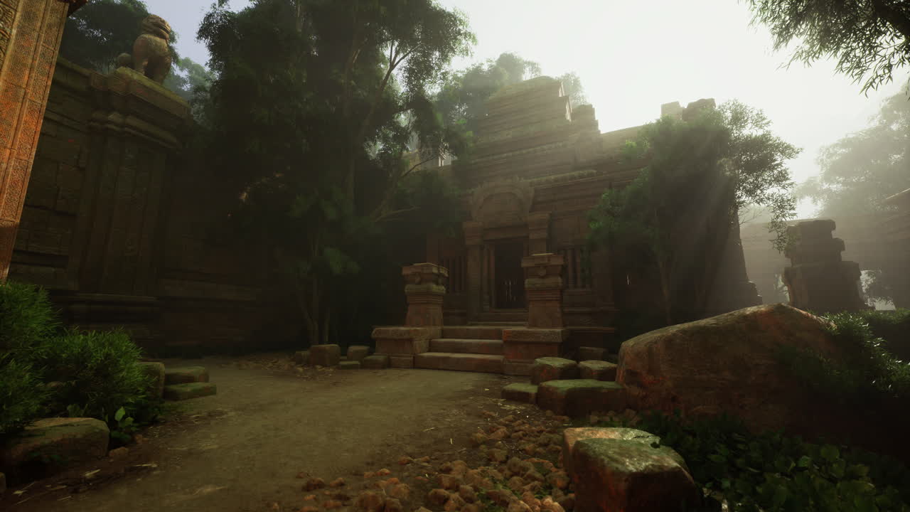 Ancient temple ruins surrounded by dense fog and lush greenery in the morning