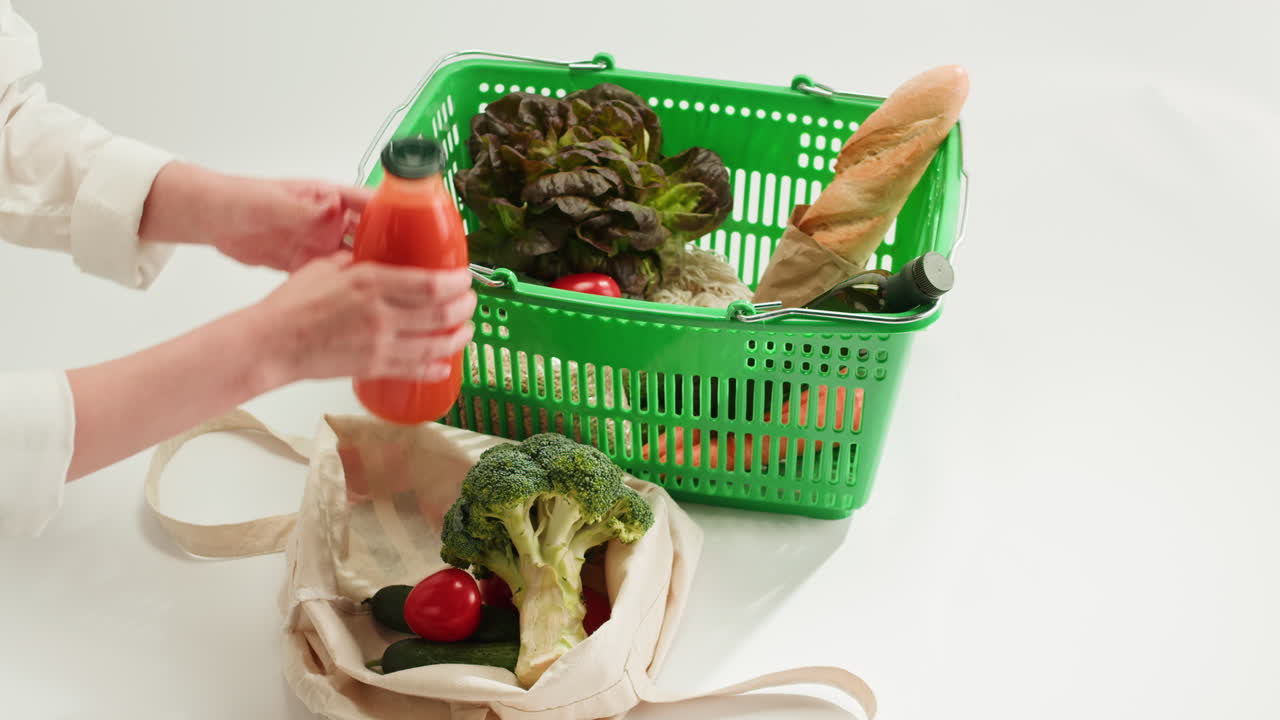 Woman Shopping with Reusable Bags and Plastic Basket