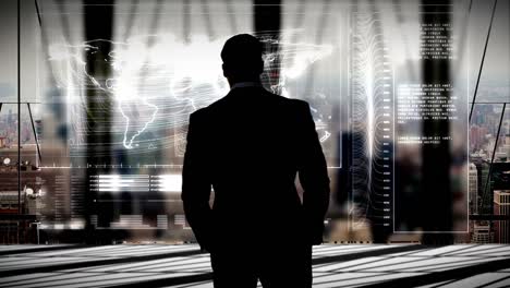 hombre de negocios en el cargo con antecedentes de ciudad futurista