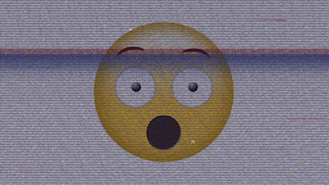 Digital animation of tv static effect over surprised face emoji against grey background