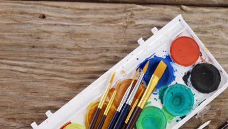 close-up of watercolor paint box and paint brushes