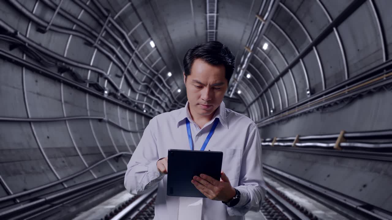 Asian Male Professional Worker Standing With His Tablet In Underground Subway Tunnel, Work Continuously With His Tablet