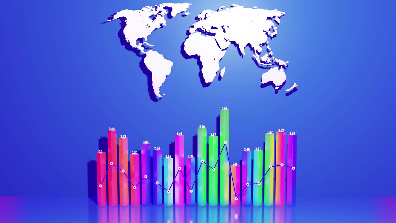 abstractas hermosas columnas multicolores forman gráficos y con el mapa del mundo forman un panel de información como bg en bucle para espectáculos analíticos. datos globales, estadísticas abstractas en todo el mundo como información bg