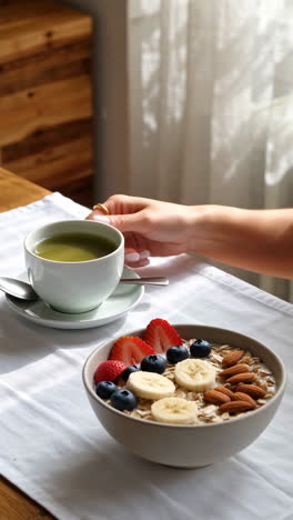healthy oatmeal bowl with fresh fruit and matcha tea