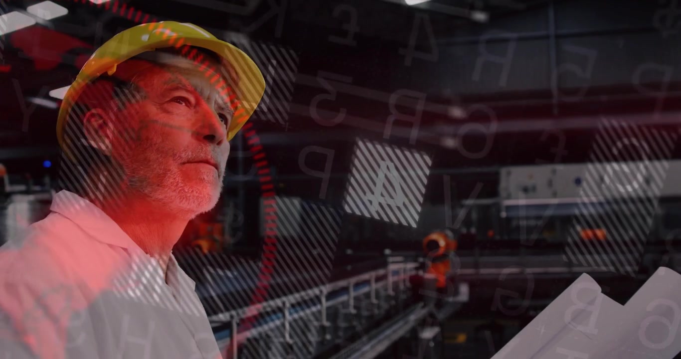 Senior engineer scanning blueprints in factory, aligning plans with robotic arms as HUD overlays