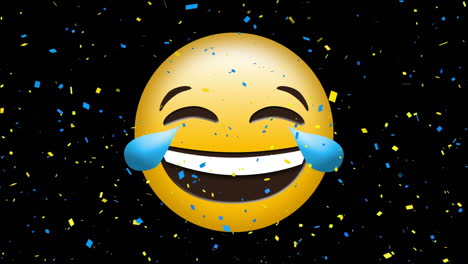 digital animation of confetti falling over laughing face emoji against black background