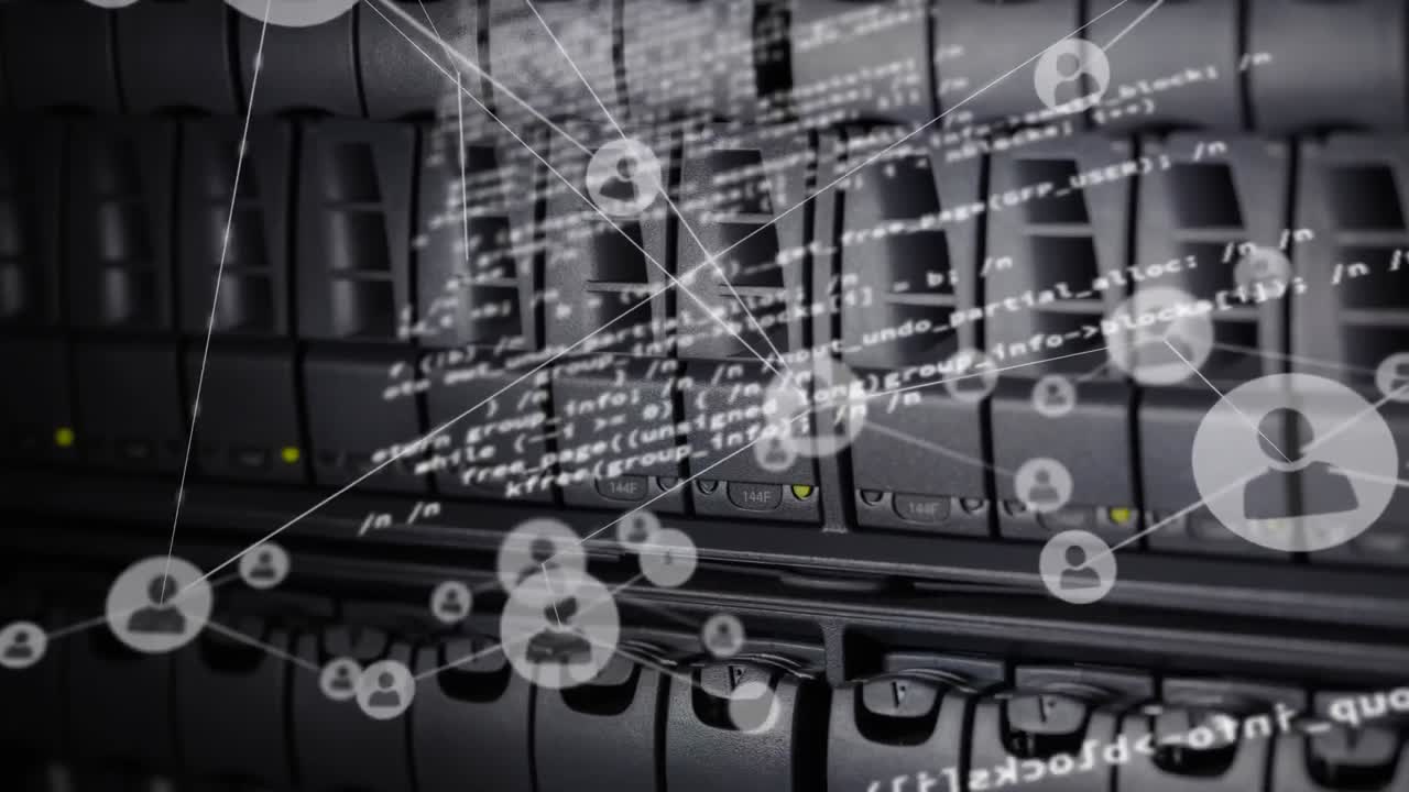 Animation of data processing and media icons over server room
