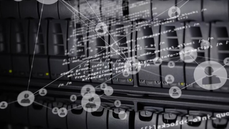 Animation of data processing and media icons over server room