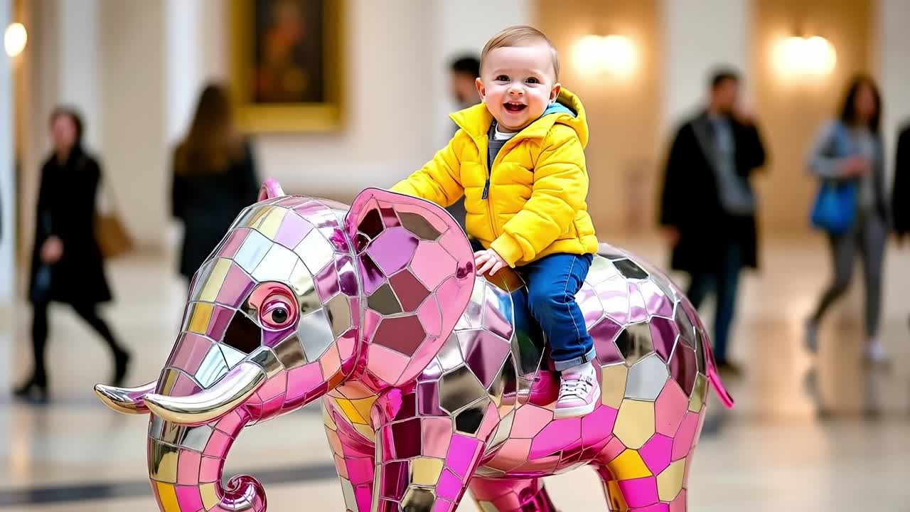 A small child riding on top of a pink elephant