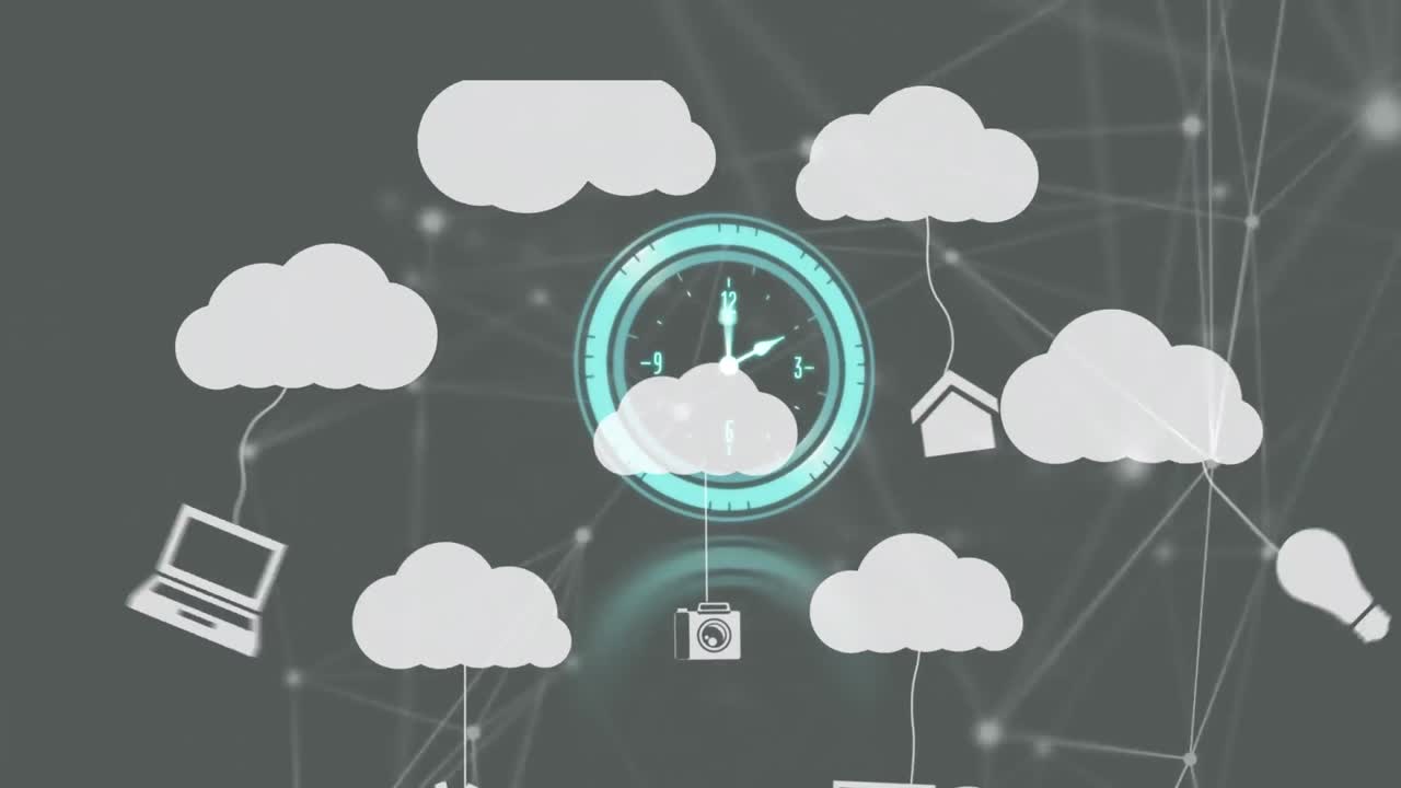 Animation of clock moving fast over digital clouds with icons and network of connections