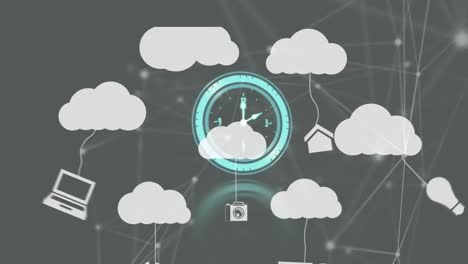 animation of clock moving fast over digital clouds with icons and network of connections