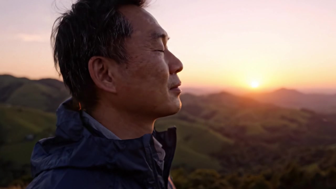 穏やかな夕焼けのひととき：なだらかな丘に日が沈む中、自然の静かな美しさを満喫する人物。安らぎと内省の真髄を捉えた一枚。