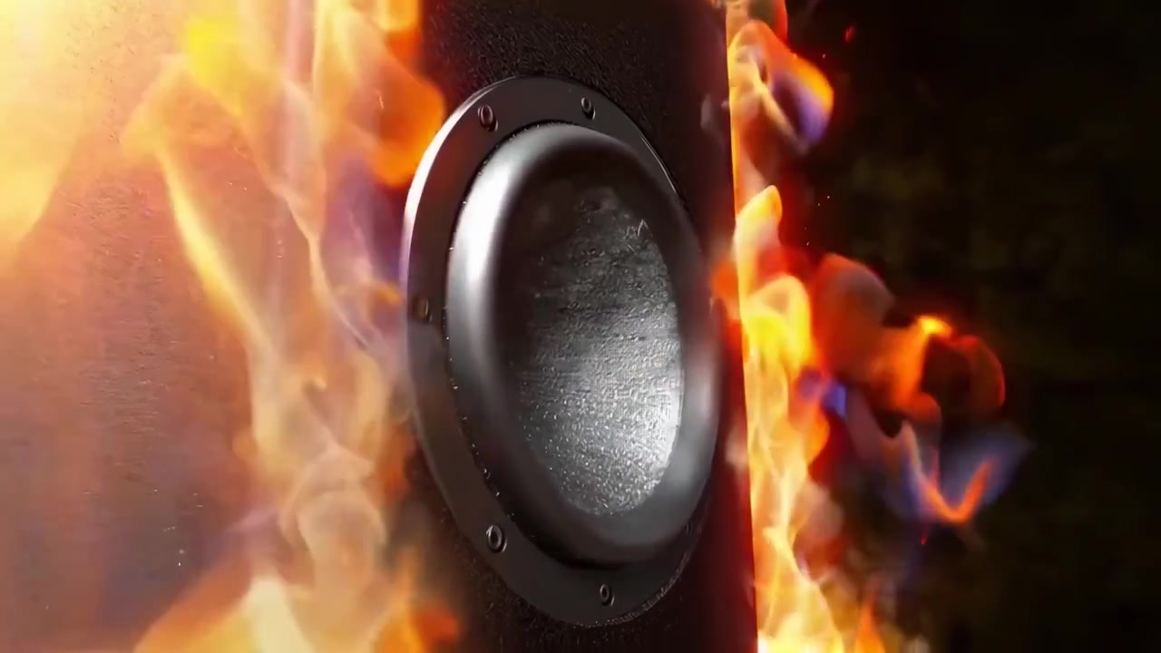 Leistungsstarke Subwoofer in Flammen mit vibrierenden Membranen
