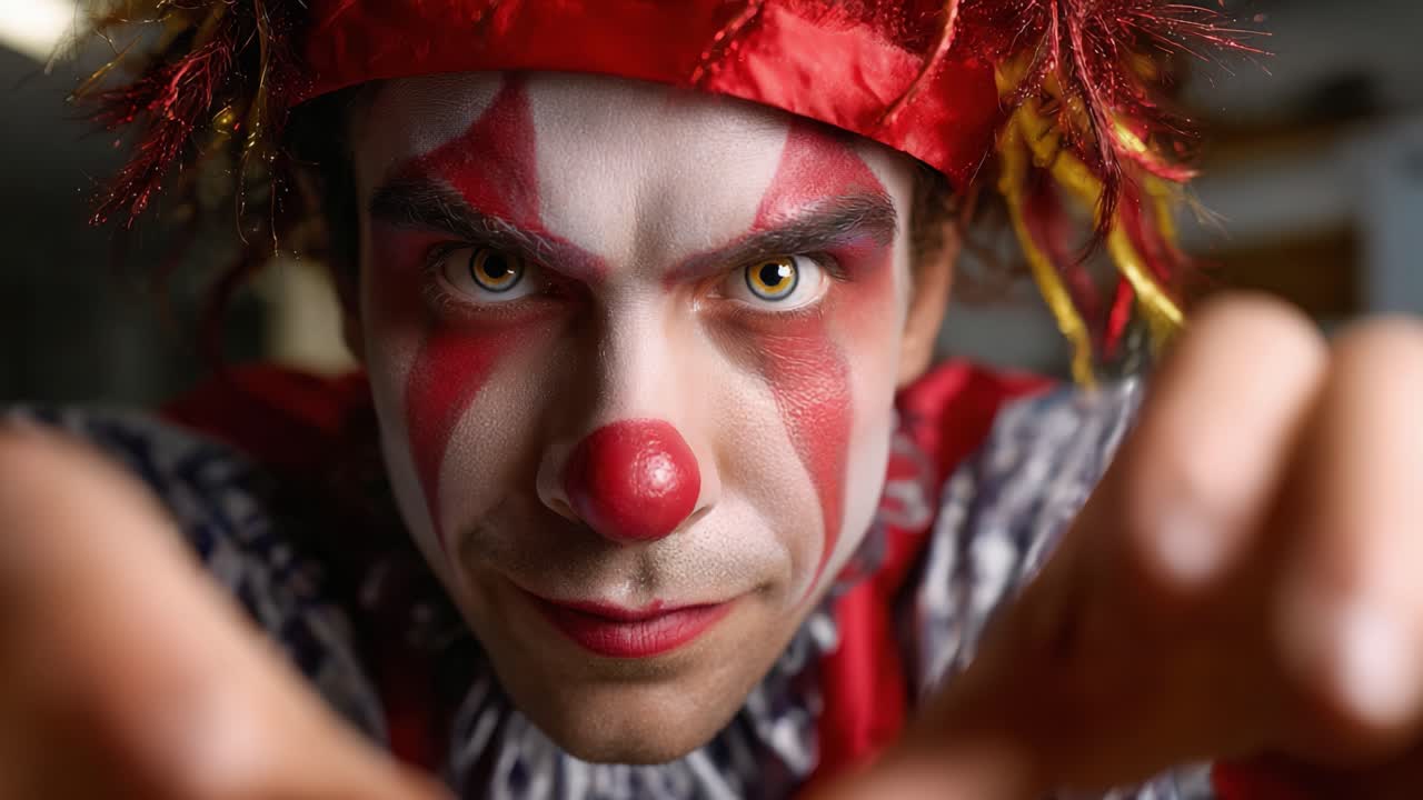 A Mysterious Clown with Striking Features and Intense Gaze Engages the Audience with Intriguing Expressions and Daring Up-Close Shots Bringing Suspense and Fascination