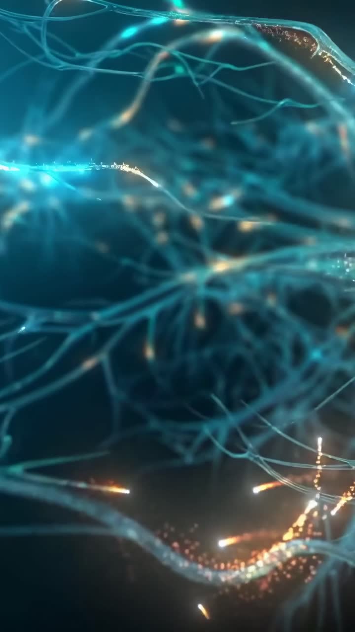 Close-up video of a glowing neuron network, captured from a dynamic angle, showcasing connectivity