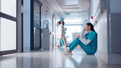 doctor, headache and sad on floor for clinic