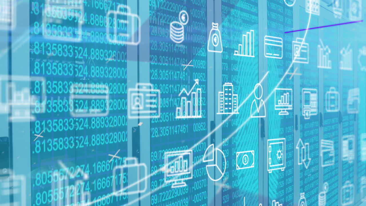 animación de múltiples iconos sobre números cambiantes y círculos sobre bastidores de servidores en la sala de servidores