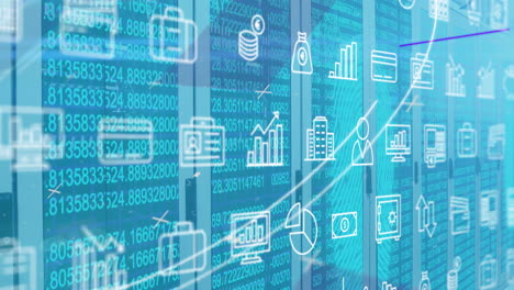 animation of multiple icons over changing numbers and circles over server racks in server room