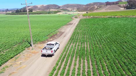 Buena-Antena-De-Una-Camioneta-Conduciendo-A-Través-De-Campos-Agrícolas-En-Lompoc,-Condado-De-Santa-Bárbara,-California-1