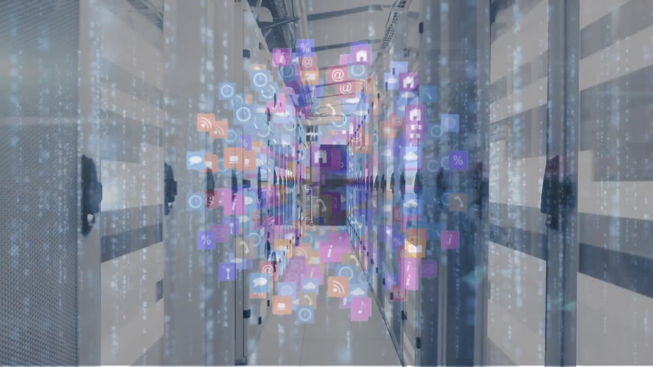 서버 위의 아이콘으로 만들어진 지구의 애니메이션