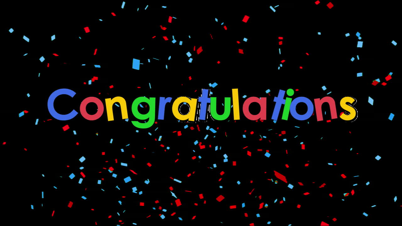 콘페티와 함께 검은색 배경에 쓰여진 축하