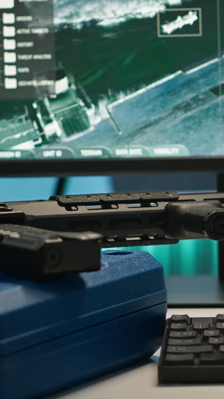 Vertical video Weapons on table in empty control center housing defense system