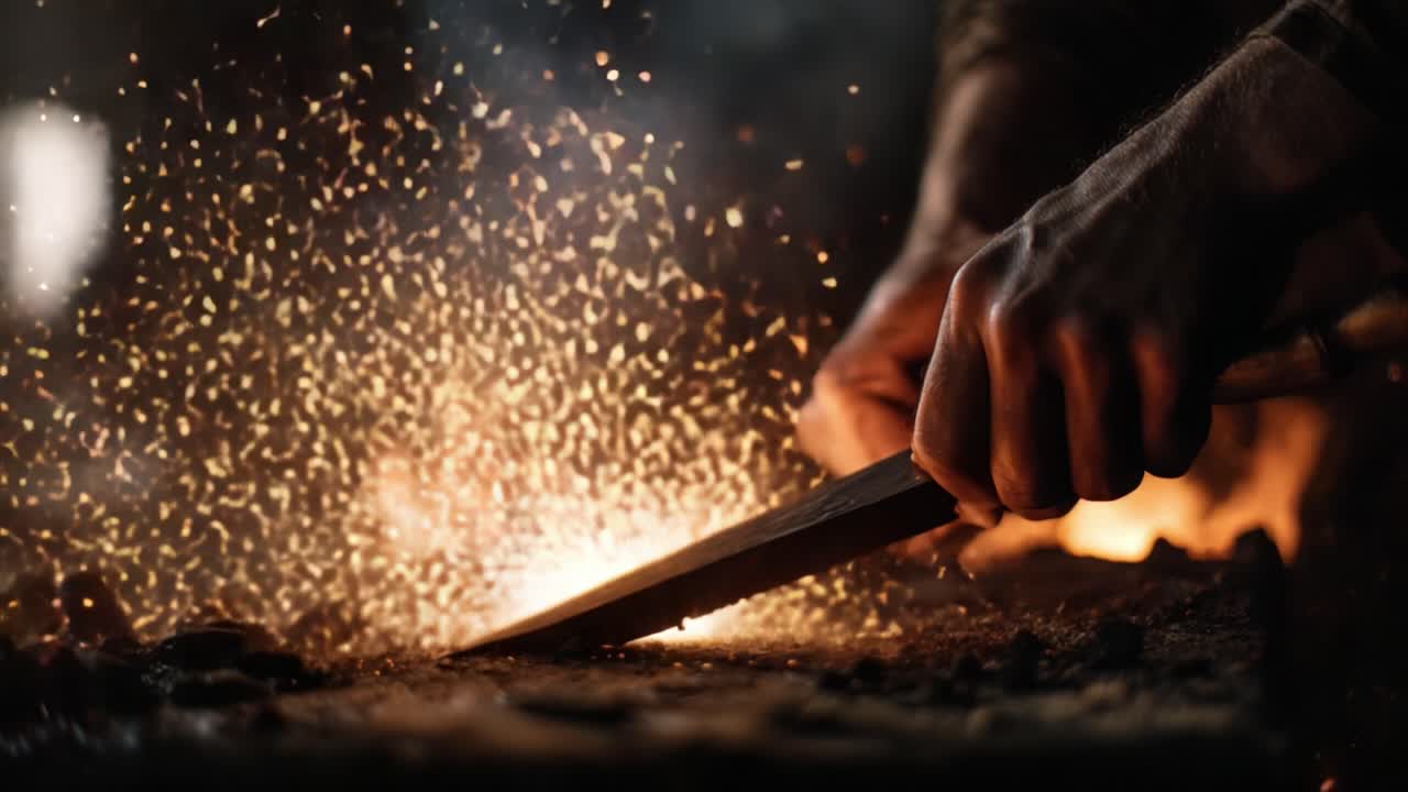 Ambachtelijk vakmanschap: Een close-up van handen die vakkundig metaal bewerken met een smidse, omringd door vonken en hitte. Dit toont het intense proces van smeden en de schoonheid van traditioneel metaalwerk.