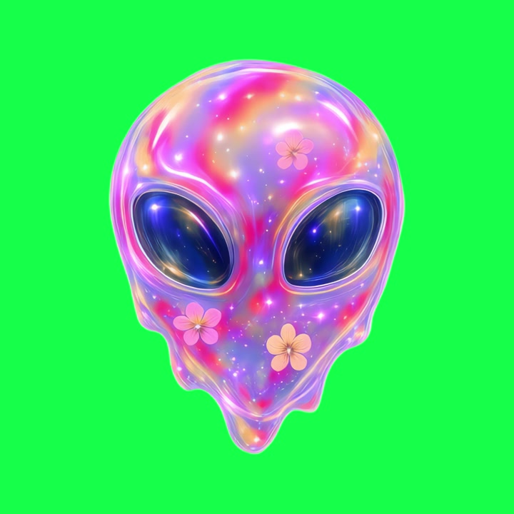 Animated Alien Head with Galaxy Texture and Flowers on Green Screen
